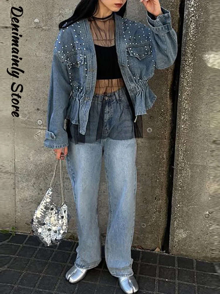 

Fashion Diamonds Denim Jackets Women Loose Cinched Waist Pleated V-neck Full Sleeve Coats 2025 Autumn Lady High Street Coats New