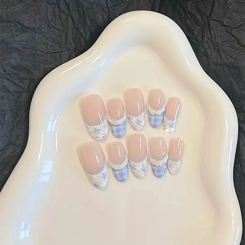 

Pastoral Plaid Flower Handmade Manicure Wearing Nail Advanced Niche French Cute White Student Long Press on Nails
