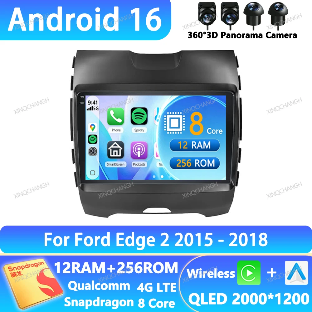Autoradio Android 16 pour Ford Edge 2 2015 2016 2017 2018 BT Qualcomm QLED 4G LTE 5G WIFI Lecteur multimédia vidéo Navigation 2DIN