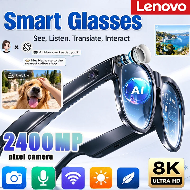 Lenovo AI Voice Smart Translator Sunglasses 2400MP Video 8KPhoto Capture Bluetooth Call Record Music Cycling Eyewear Glasses
