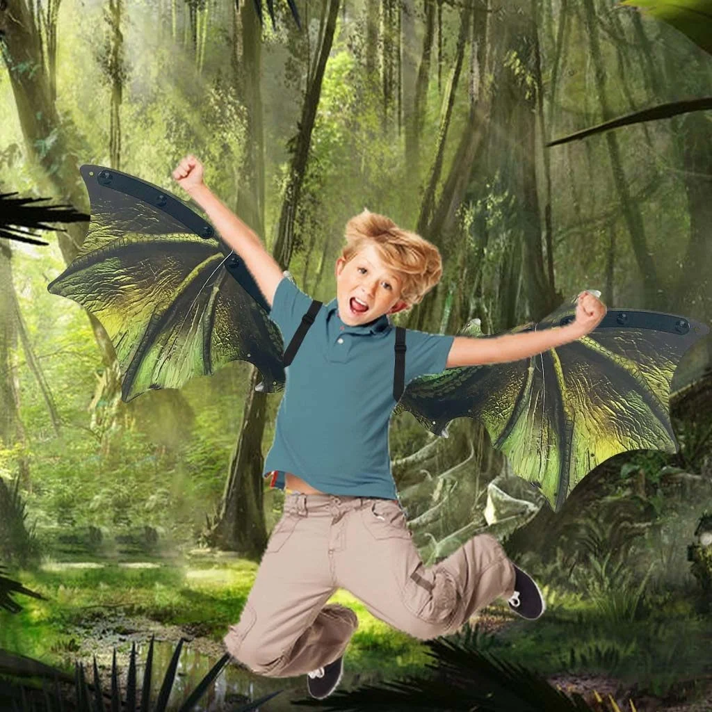 Dinosaurusvleugels Elektrisch verlicht Bewegend Groen LED-achteraccessoire Muziek Schakelbaar voor jongens Meisjes Feest Cosplay Verjaardagscadeau Speelgoed