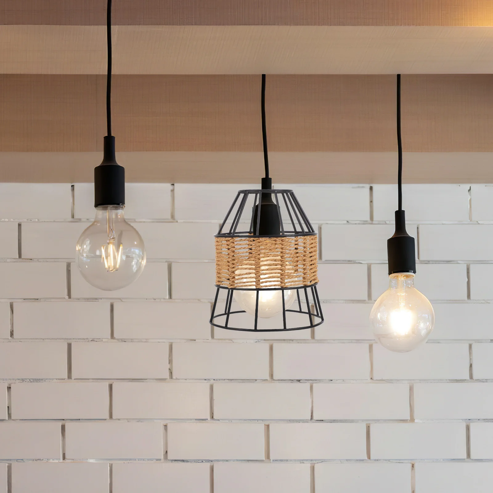 

Handwoven Paper Rope Lamp Shade Replacement E27 Wicker Pendant Light Cover with Hollow Metal Frame Retro Lampshade for Living