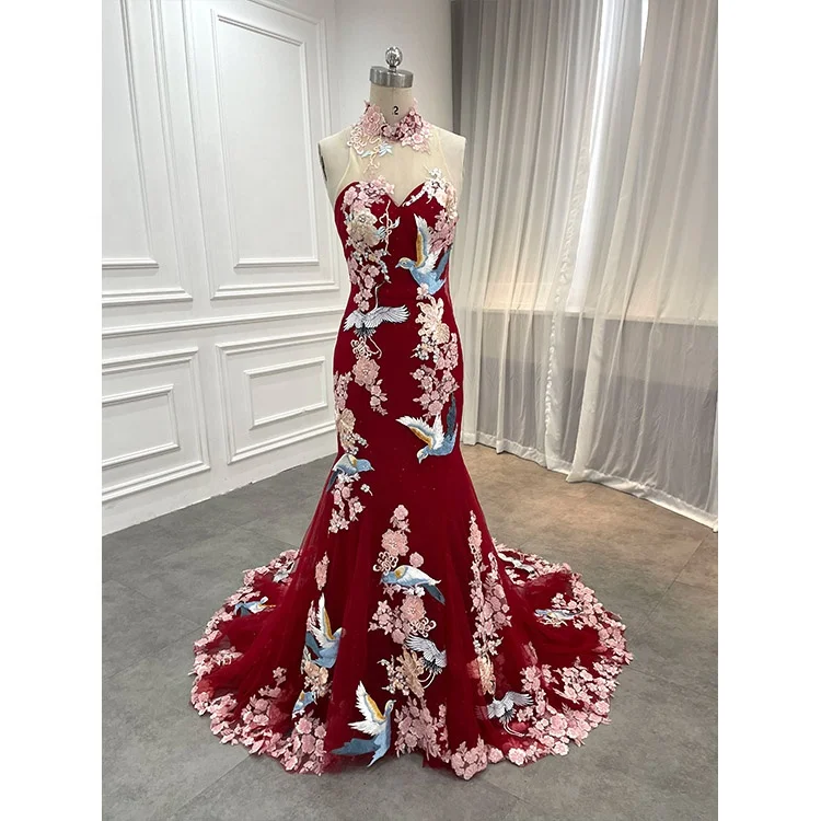 Custom Wedding Anniversary Dresses Chinese Red Traditional Cheongsam Evening Dress Applique Wedding Dress For Women 2026 Luxury