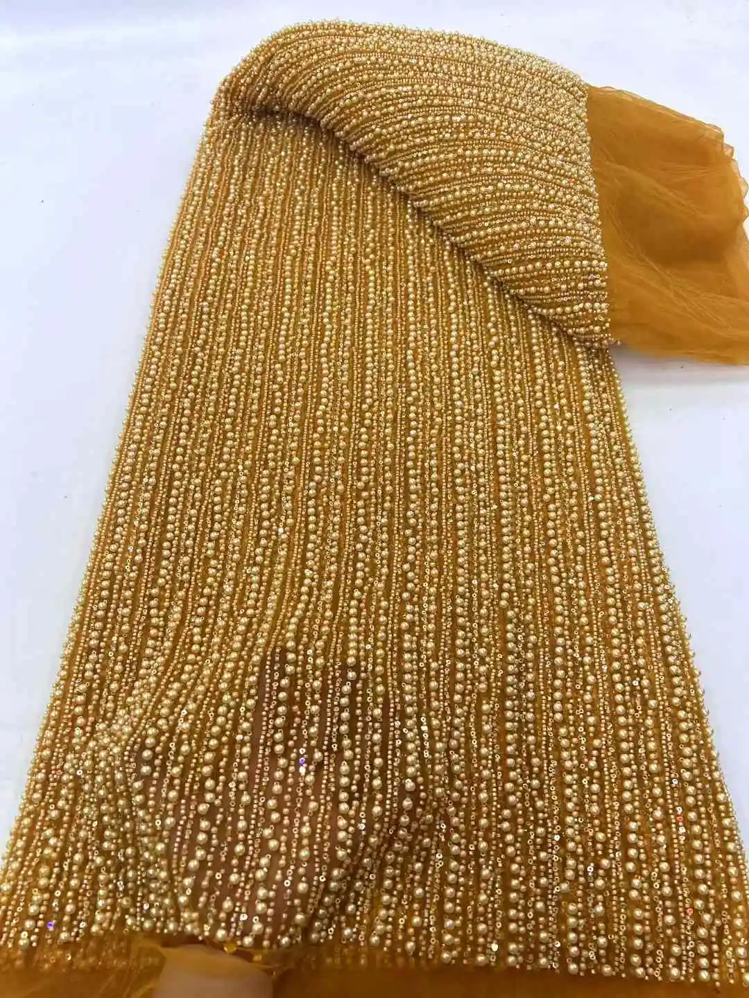 Handmade Heavy Beads and pearl Net Lace Sequins Laser Embroidery Fabric for Wedding or Evening Dress, Classical and Luxury XC