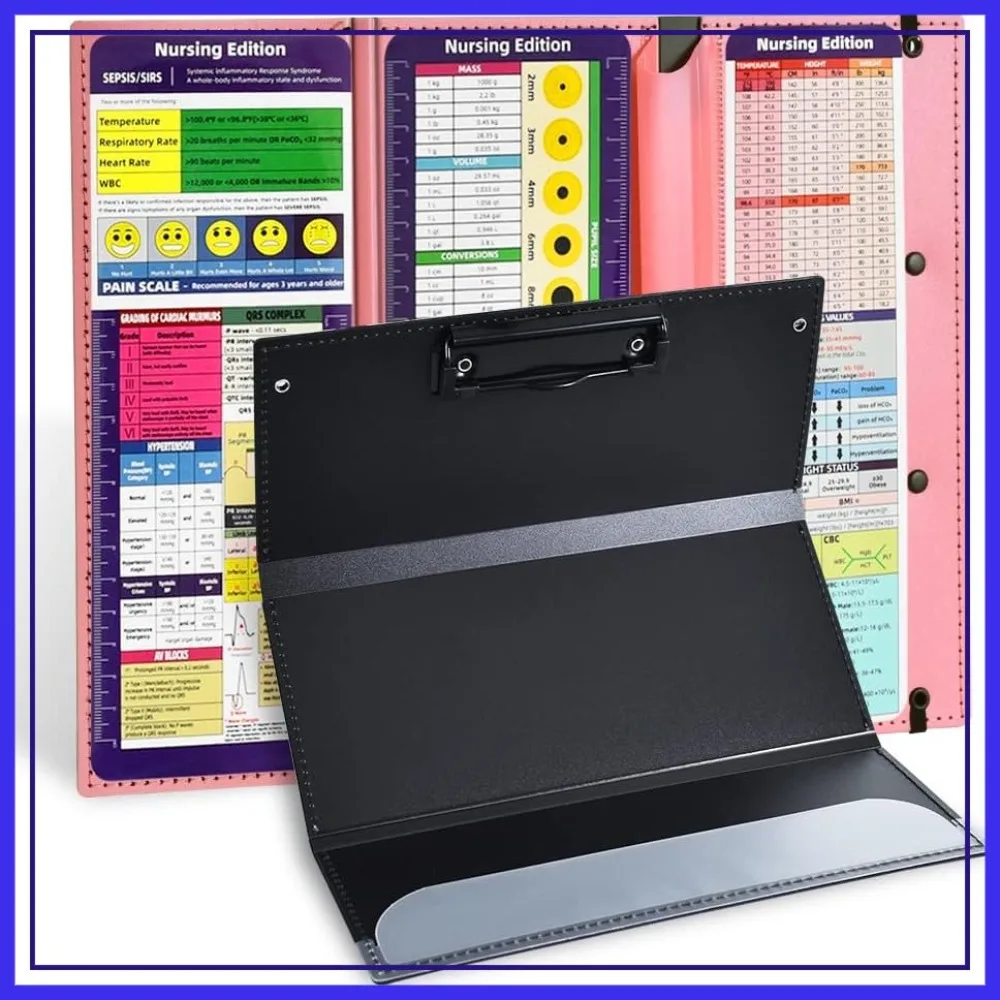 

Foldable Plastic Clipboard 3 Layers with Medical Cheat Sheets, Pink Nurse Clip Board for Students, Doctors, Medical Staff