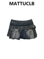 Summer Women 2000s Aesthetic Mini Pleated Denim Skirt A-line Design Y2k Harajuku Fashion Low Rise E-girl Cyber Punk Grunge New