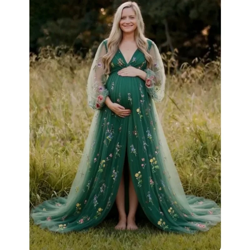 

Elegant Pregnancy Ball Gown, Embroidery Tulle Maternity Dress with Slit, Perfect for Photoshoot & Baby Shower Robe فساتين حوامل