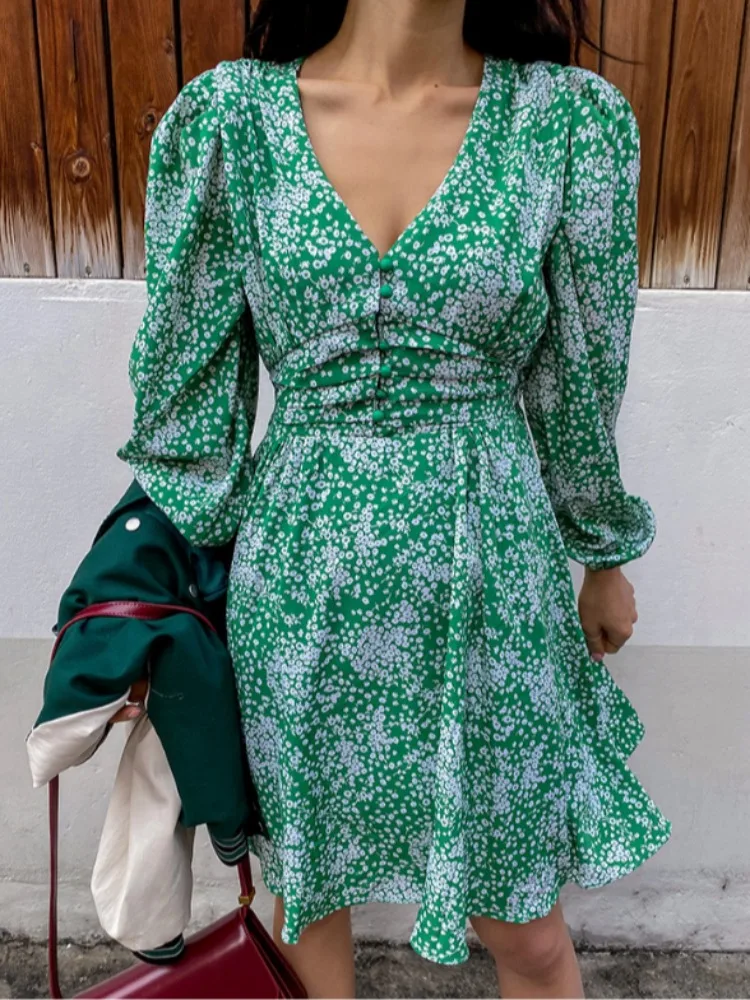 

Ретро-юбка с цветочным принтом, высокой талией и V-образным вырезом, весенняя, женская, шикарная, для чаепития, повседневная, стандартного кроя, для офиса и отдыха