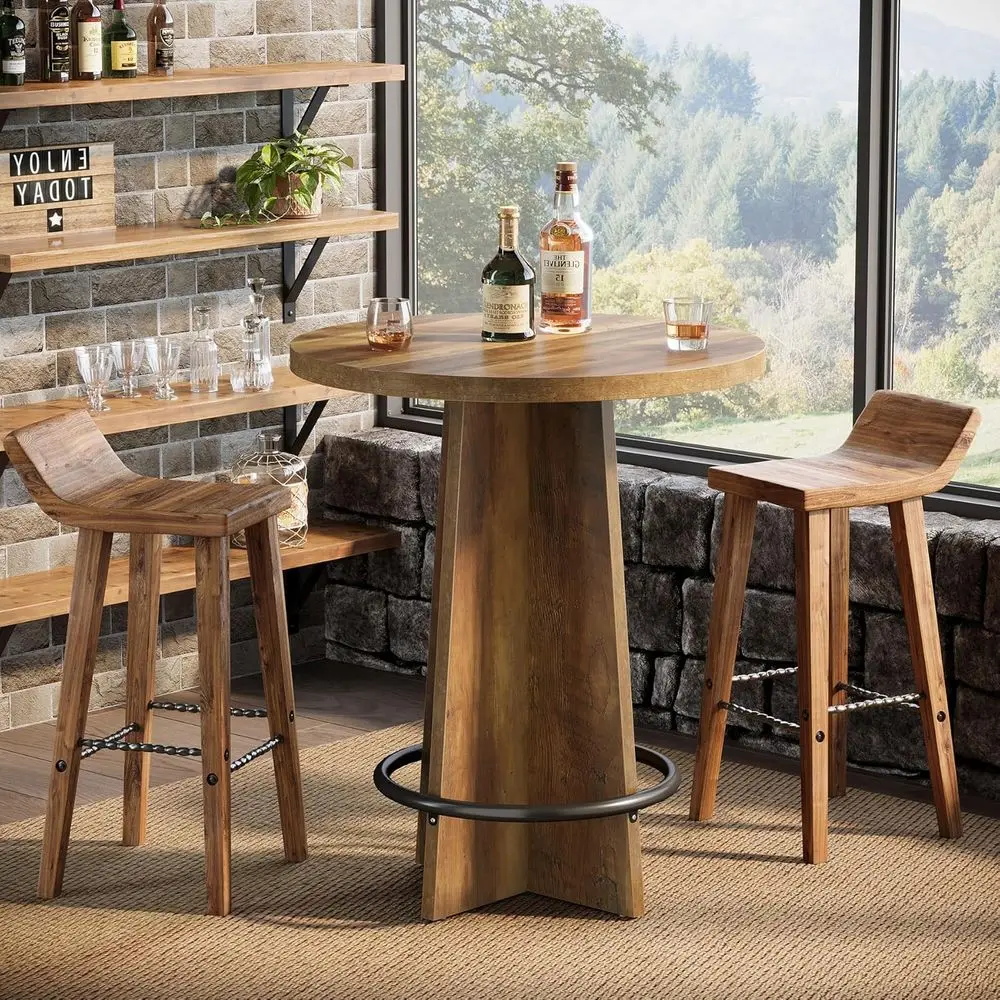 

37.4'' Tall Wooden Bistro Pub Table with Base and Metal Ring Footrest, Cocktail Desk for Coffee House, Kitchen Dining, Easy to A
