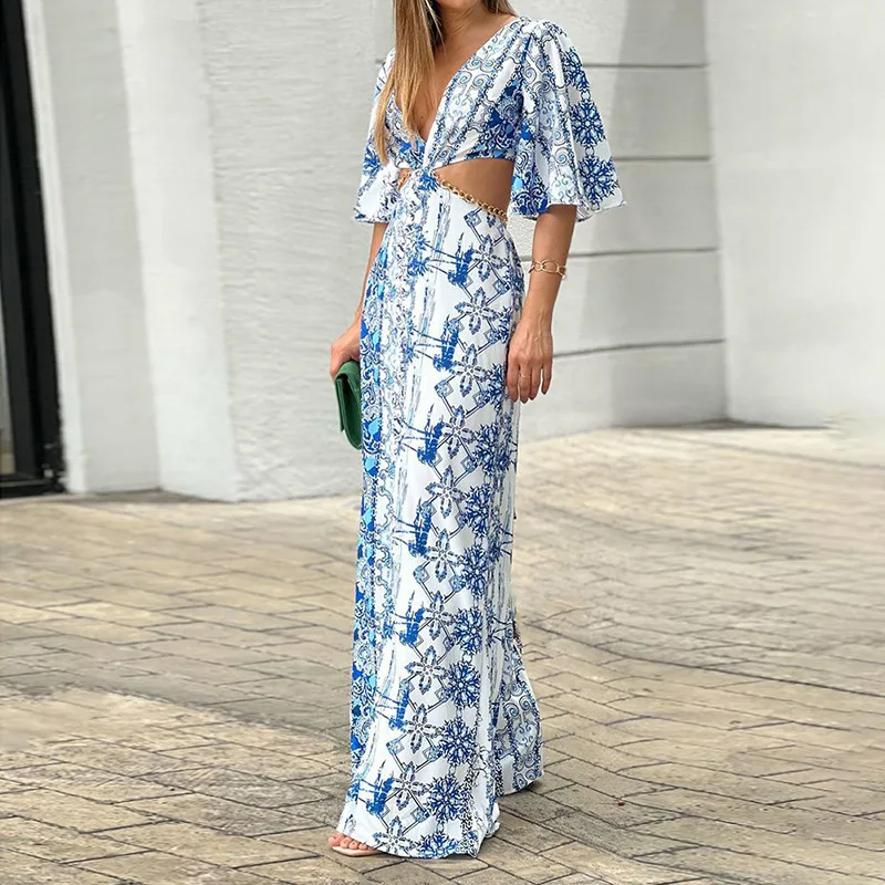 Wildpinky Nieuwe Zomer Boho V-hals Half Sleeve Hoge Jumpsuit 2023 Vrouwen Hollow Out Print Jumpsuit Chic Streetwear Wijde Pijpen Romper