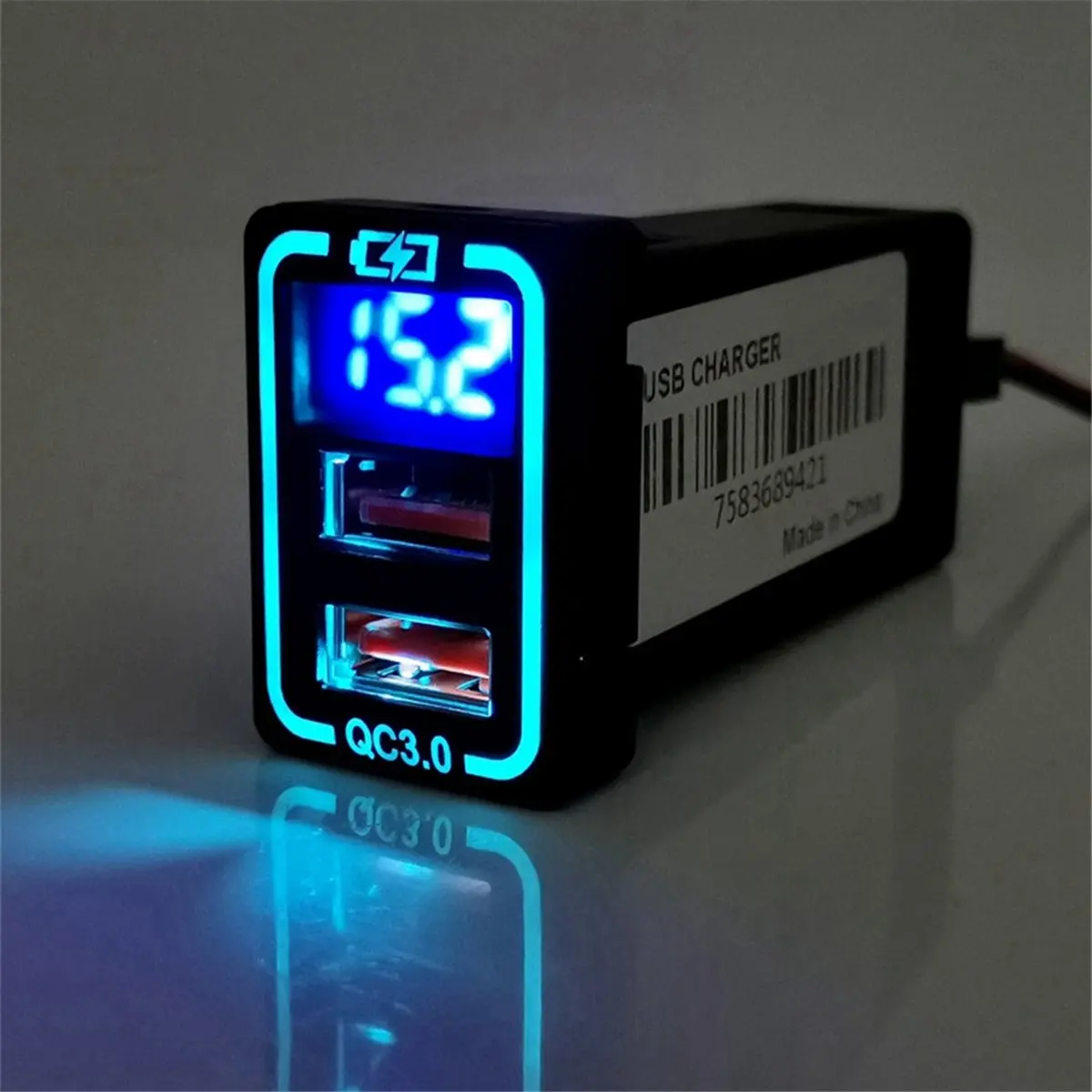 Compatible QC3.0 Car USB Port Fast Charger for 200 Adapter LED Voltmeter Ice Blue