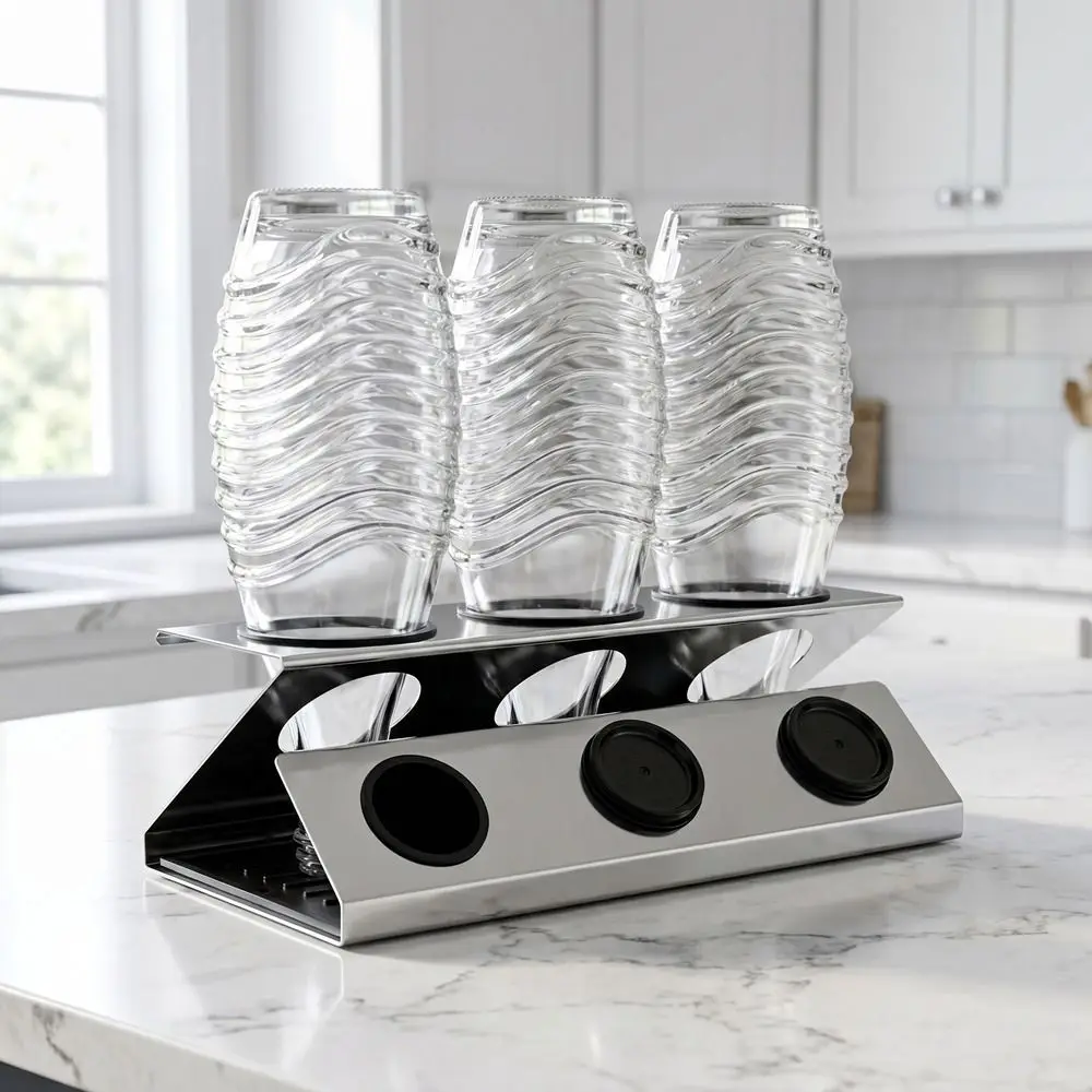 

Stainless Steel Soda Bottle Drain Rack Silver 3-hole Soda Bottle Drainer with Brush Soda Bottle Placement Rack for Kitchen