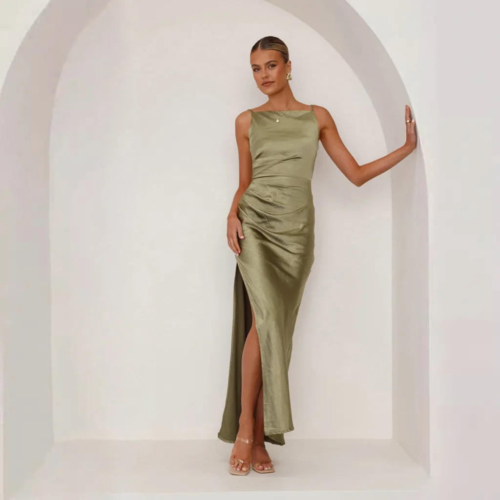 Robe de Demoiselle d'Honneur Vert Olive pour Femme, Tenue Maxi d'Invités de Mariage, d'Anniversaire, Collection Sexy