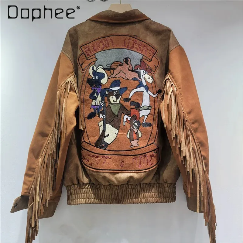 

2025 New American Retro Fringe Leather Jacket High Street Brown Baseball Jacket for Women Coat Women Winter Jacket