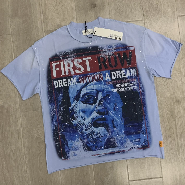 High Street Boxy Fit T-Shirt First Row Graphic Print Statue Art Tee Blue Washed Oversized Streetwear Top Men's Women's Clothing