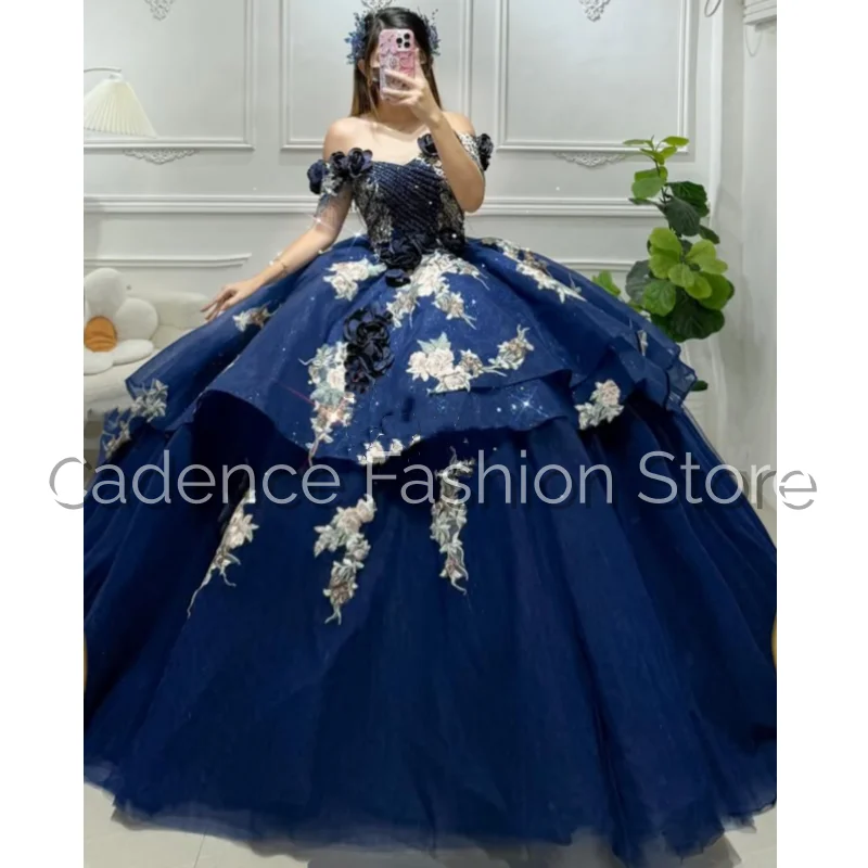 Special Navy Quinceanera Dress Off Shoulder Cubic Flower Pleated Embroidered Princess Vintage Fifteen Adult Gown Customized