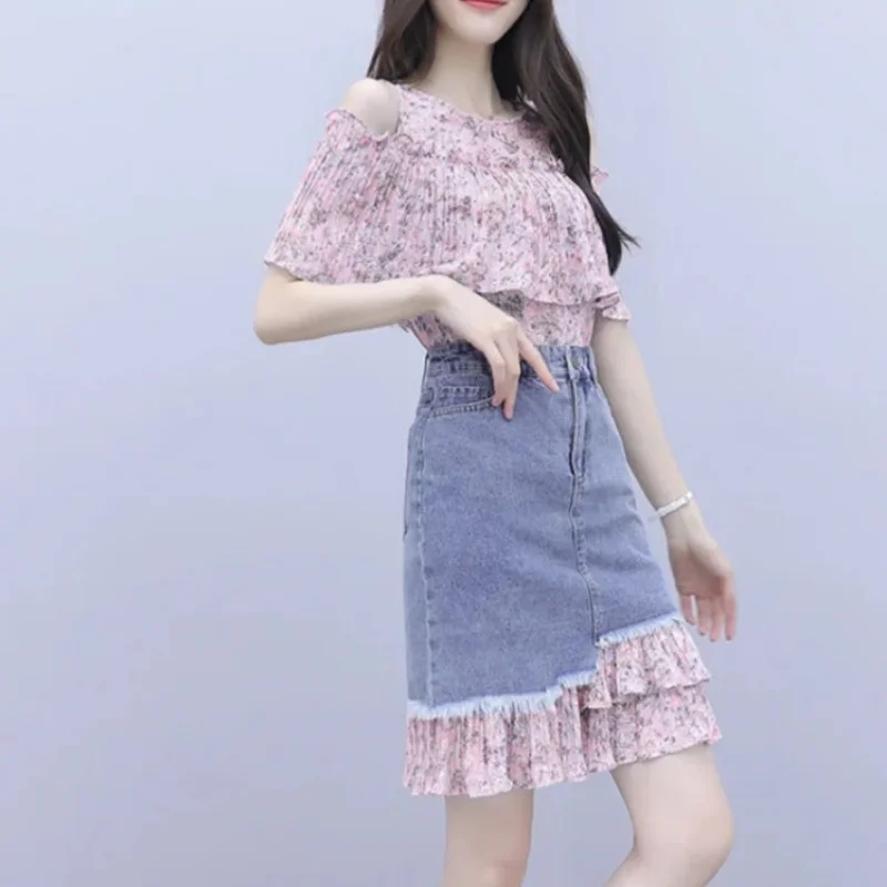 Woman Outfit Kawaii Printing Short Sleeve 2 Pieces Sets for Women Denim Commuting Skirt Summer Clothes 2024 Top and Bottom Full