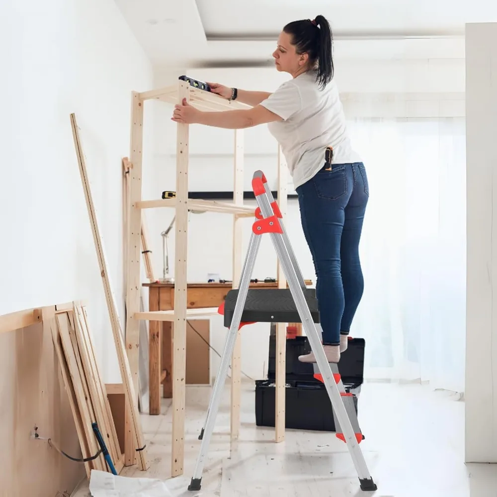 Taburete plegable de aluminio de 3 escalones con 2 pedales estrechos y 1 pedal ancho para adultos