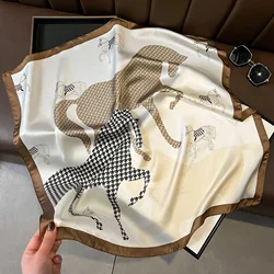 Fashion 70*70 cm New Designer Women Scarf Houndstooth Silk Print Wrap Temperament French Luxury Ladies Handkerchief Headband