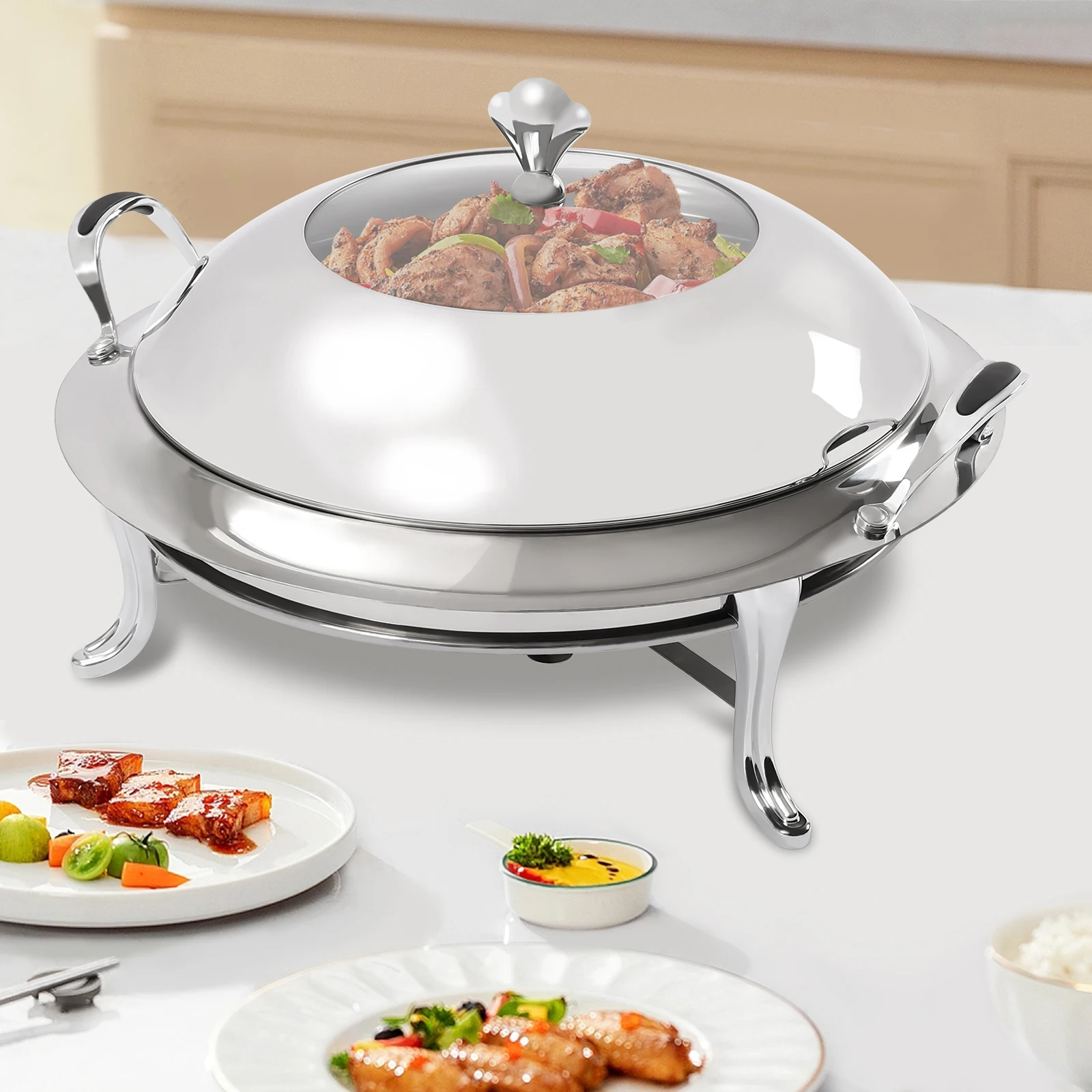 

Chafing Dish 3L/3.17QT Round Catering Buffet Food Warmer Tray Container with Lid & Fuel Holder for Kitchen Party Dining Camping