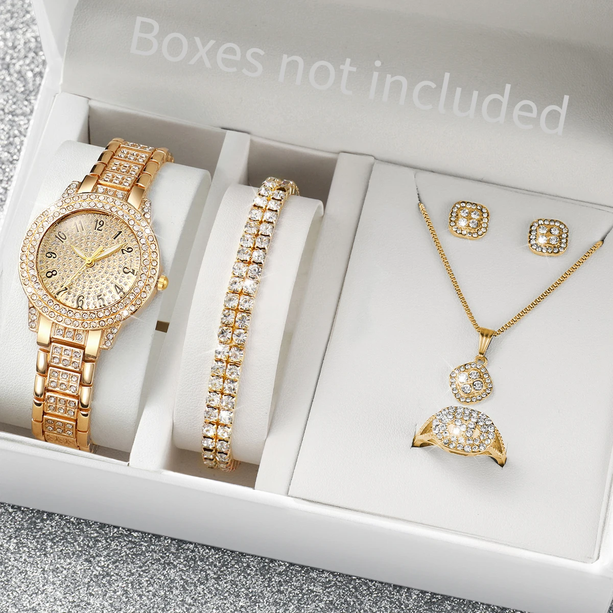 6PCS Fashion Full Diamond Women\'s Watch Gold Steel Band Analog Quartz Watches Jewelry Set(Without Box)