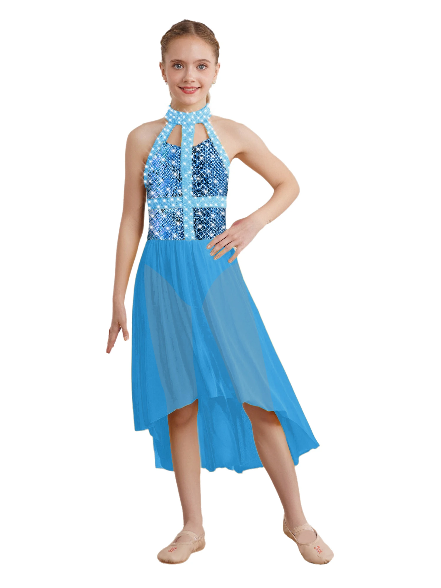 

Girls Contemporary Modern Lyrical Dance Dress Halter Sleeveless Sparkly Snakeskin Printed Dress for Modern Classical Dance-wear