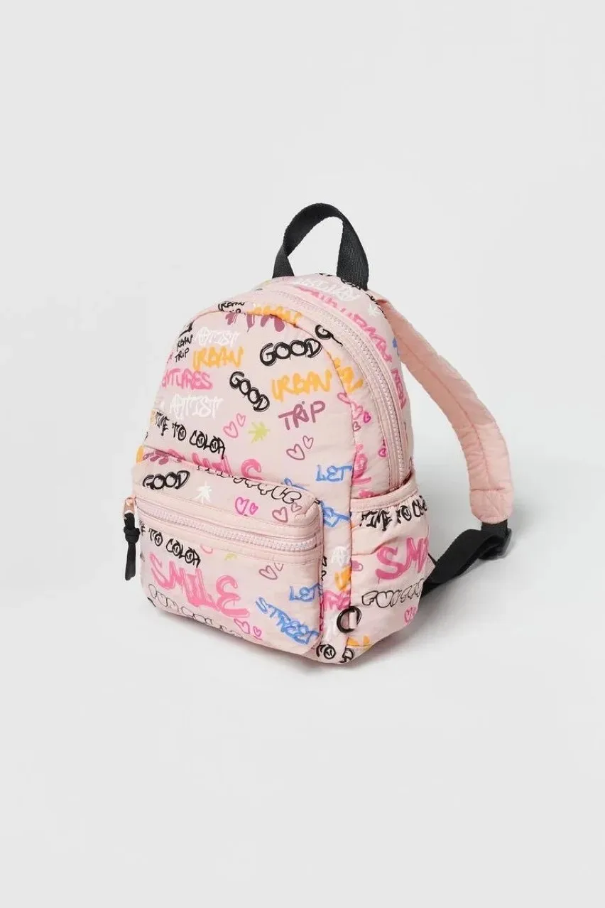 Teen Girl\'s Graffiti Print Backpacks Children Breathable Light Canvas Cute Schoolbag Babies Fashion Versatile Pink Mini Bags