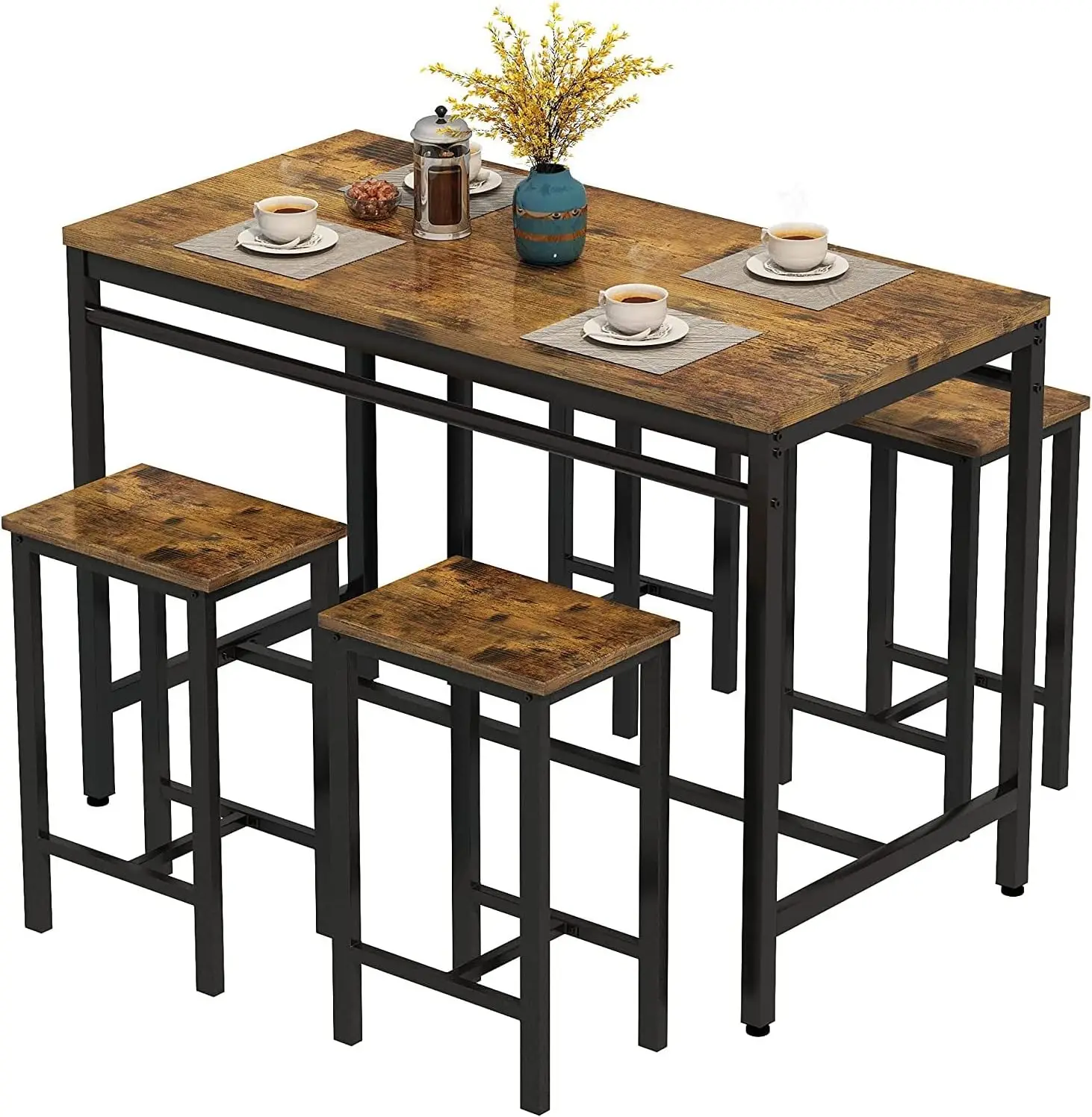 5 Piece Dining Table Set, Small Kitchen Bar Table and Chairs for 4, Wooden 47