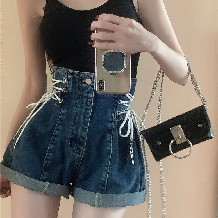 Frühling Sommer 2023 Mädchen schnüren Jeans shorts weibliche helle lose lose hohe Taille weites Bein kurze Jeans