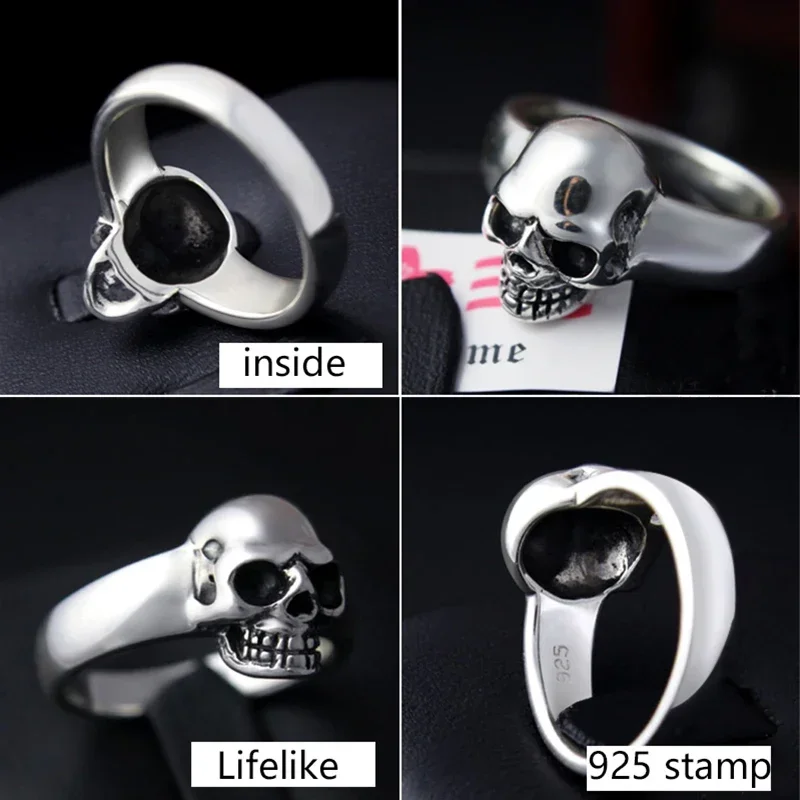 ZABRA Real 925 Sterling Silver Punk Skull Ring Men Vintage Rings For Men Women Lovers Fashion Cool Jewelry Anillos De Plata 925