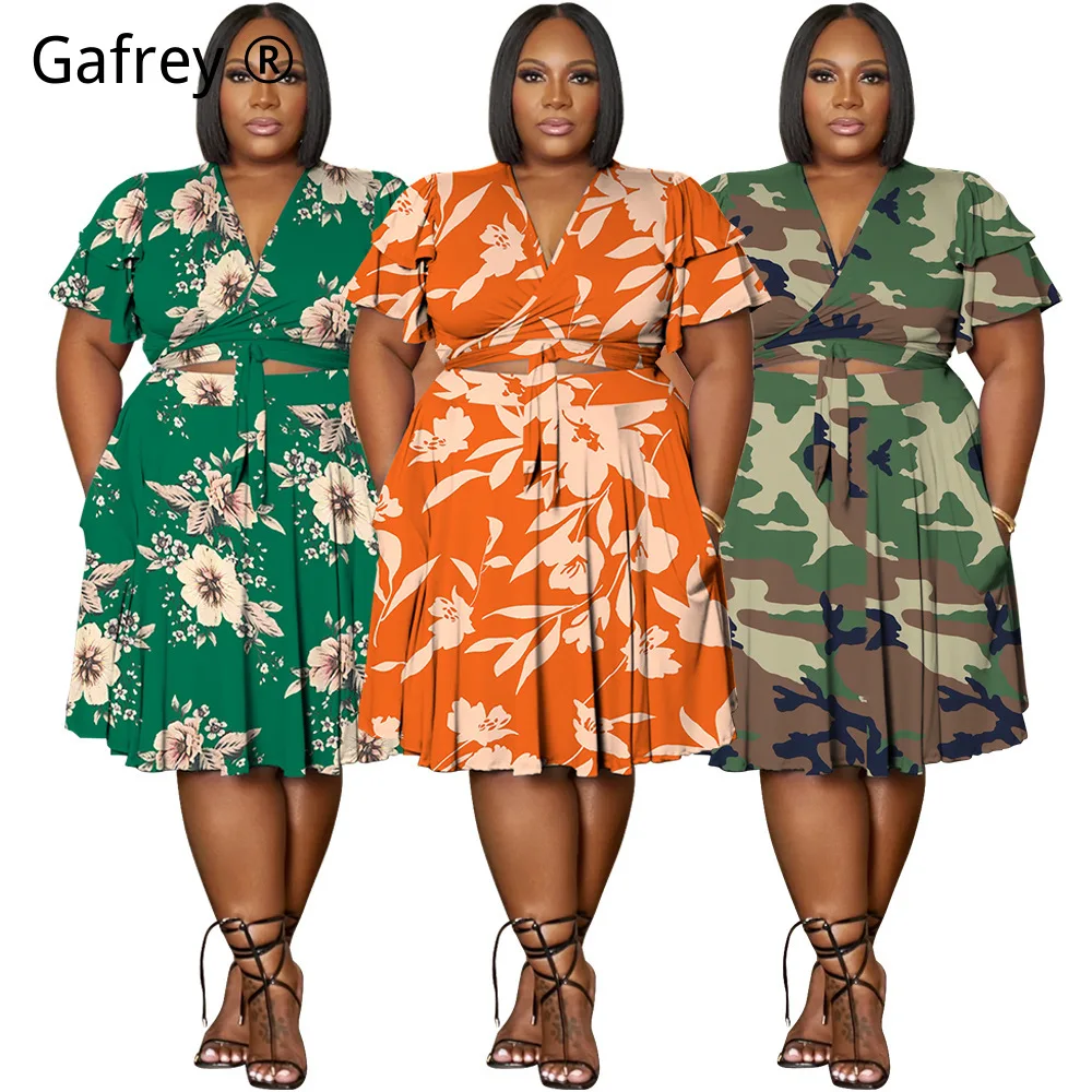 

New Plus Size XXXXL Two Piece Set Women Ruffle Sleeve V-Neck Top Tie Waist Short Skirt With Pockets Sweet Summer Matching Outfit