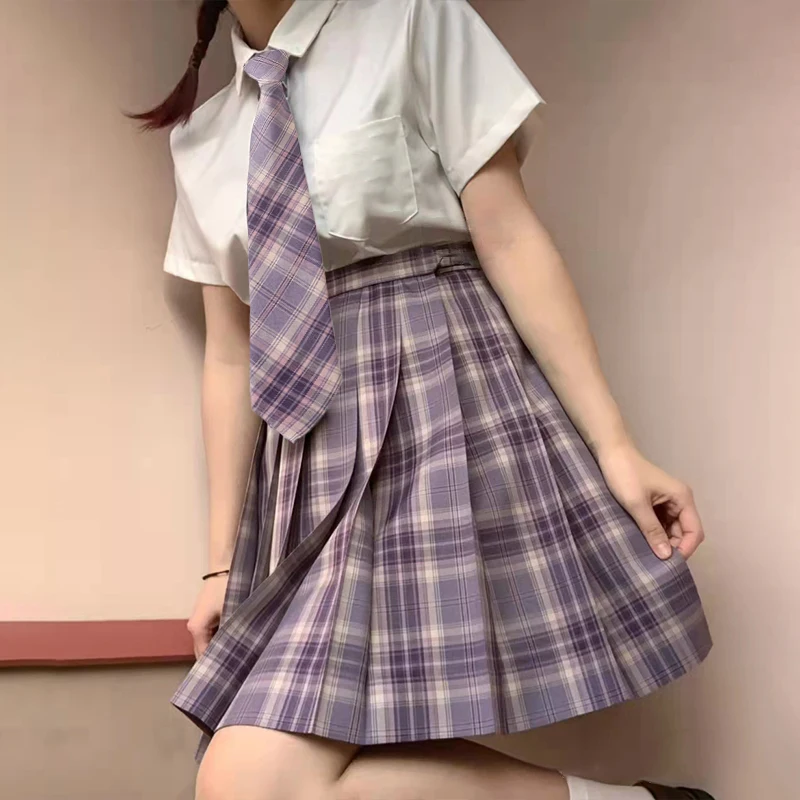 [Kaguya Hime] Meisjes Lange/Korte Mouw Hoge Taille Geplooide Rokken Paars Geruit Rokken Vrouwen Jurk Voor Jk Schooluniform Studenten