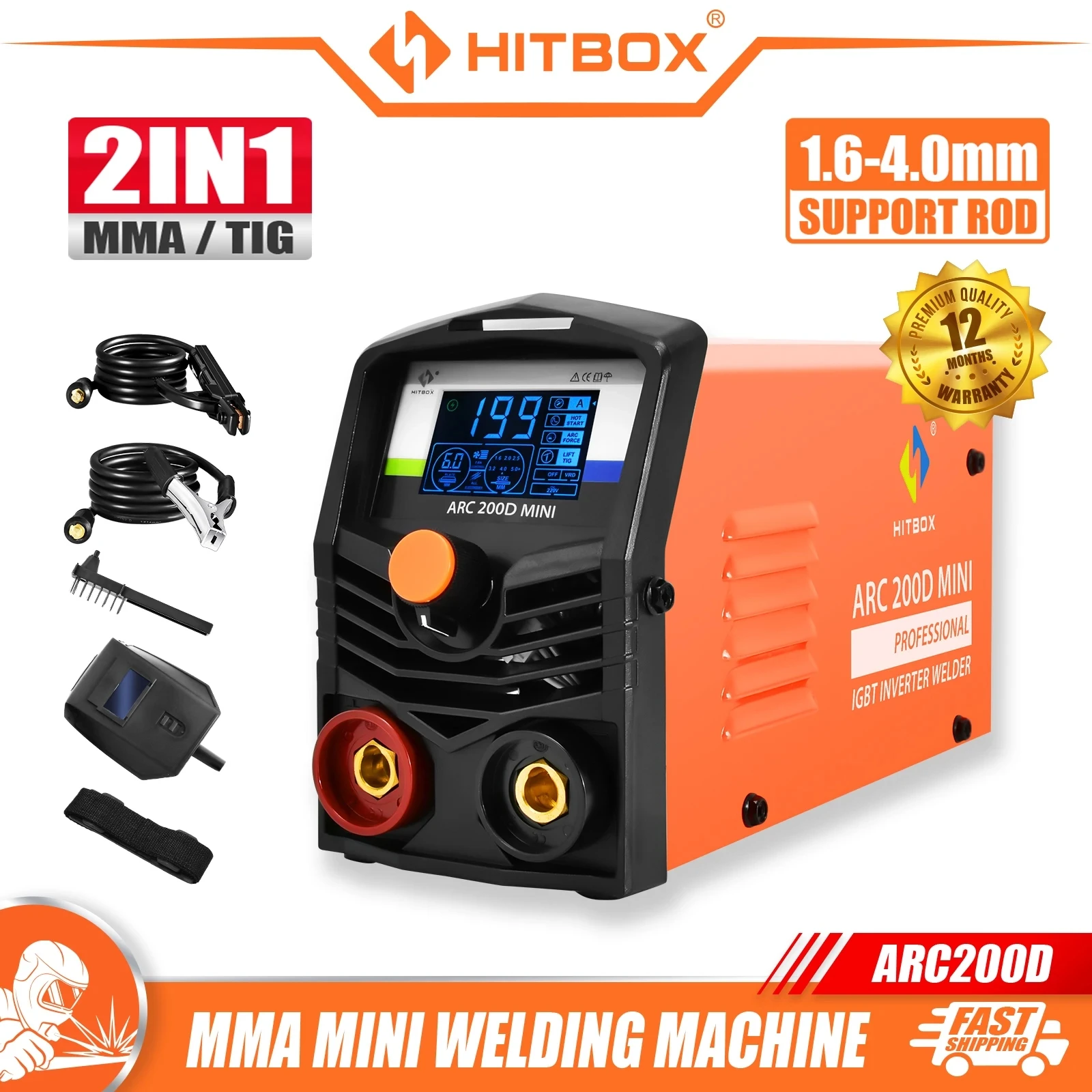 Máquina de Solda Hitbox Arc200d Soldador Doméstico Portátil Display Digital Led em Arc Mma Lift Tig Mini Inversor Igbt 220v 10 a 200a