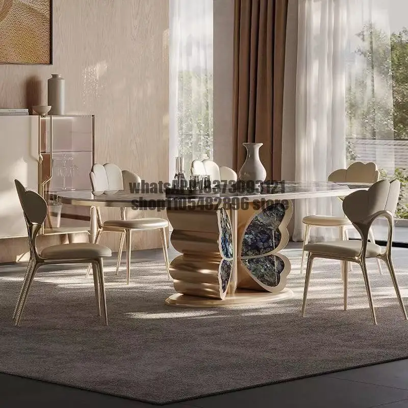 Luxury Modern Marble Top Butterfly Shape Golden Stainless Steel Frame Dining Table Set for Home Apartment 6/8/10 Seats