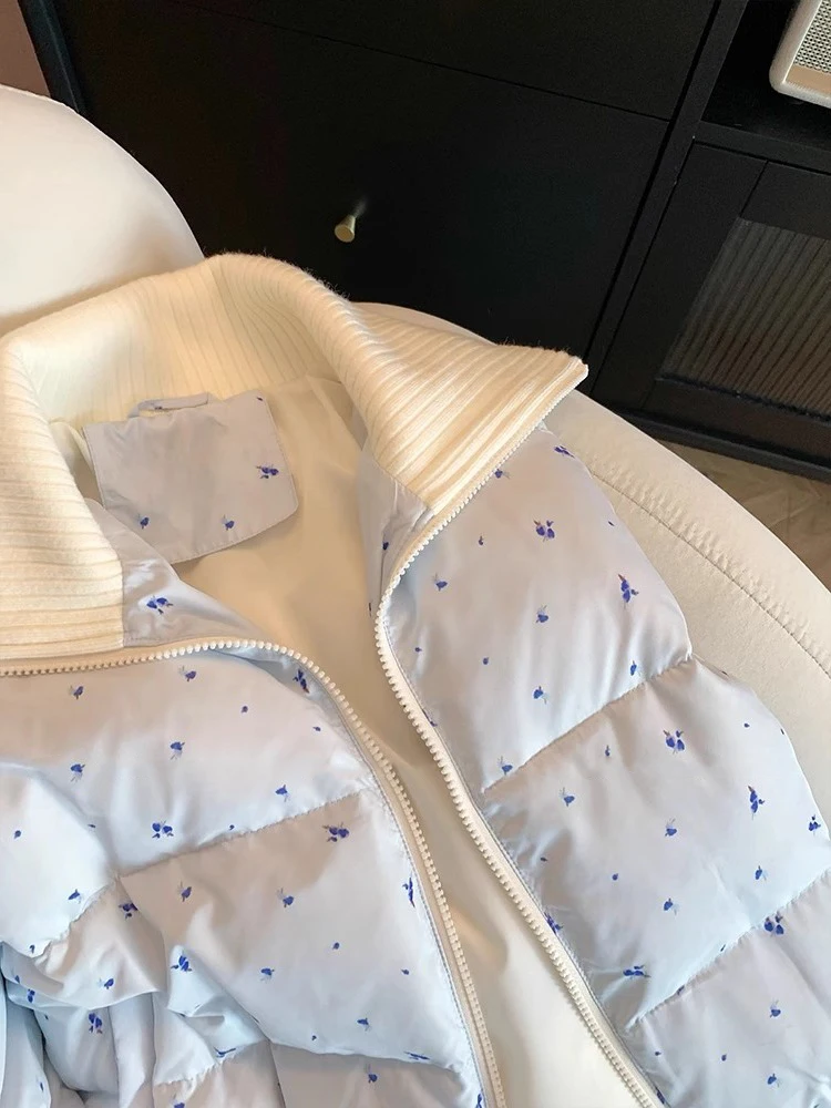

Blue Floral Print Cotton-padded Jacket for Women New Lazy Style Good-looking Warm Coats Zipper Fashion Lapel Padded Jacket