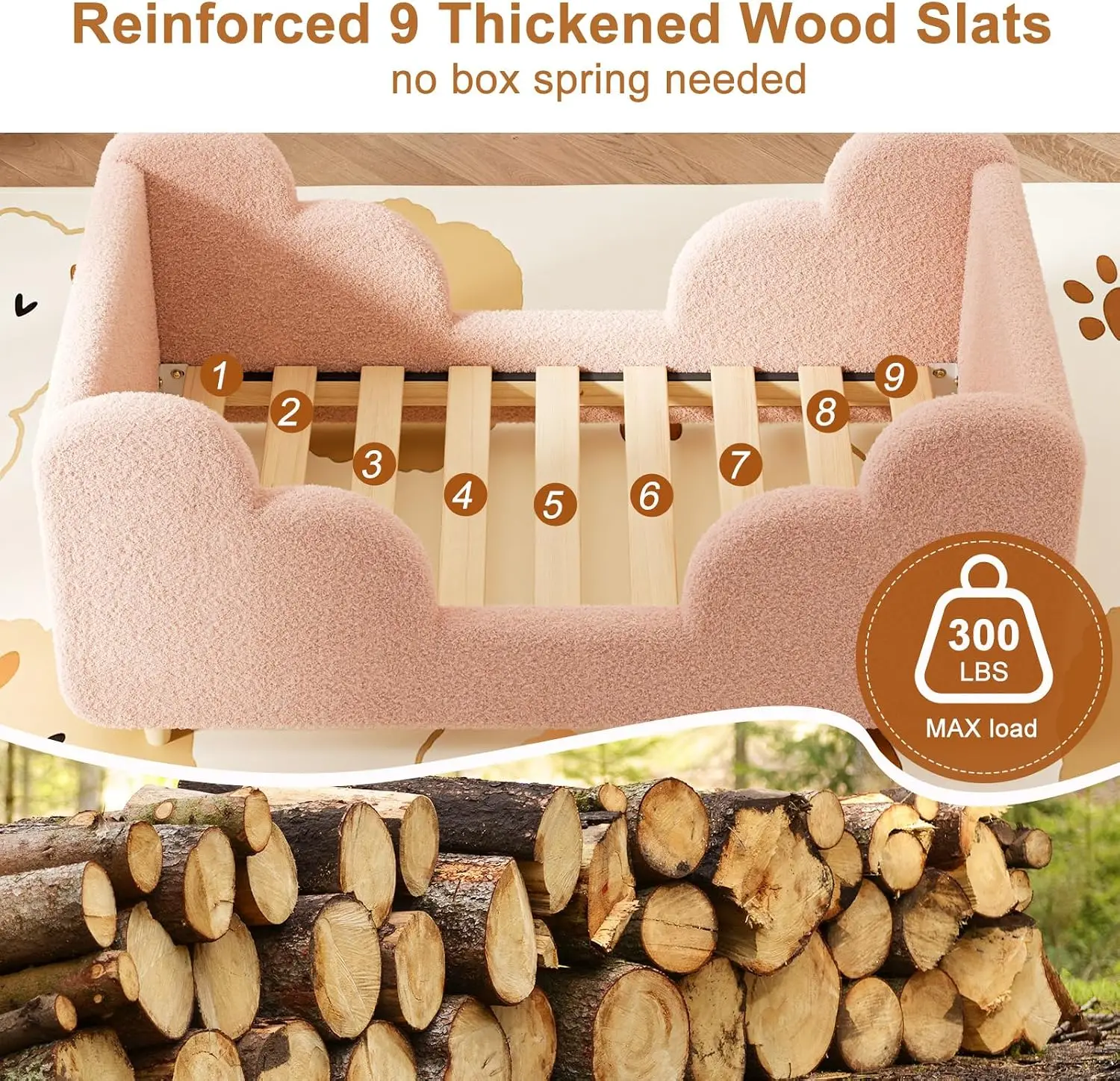 Toddler Bed Frame Upholstered Floor Low Profile Kid Safety Guardrails Montessori Wood Slats Girl Boy Crib Size Pink