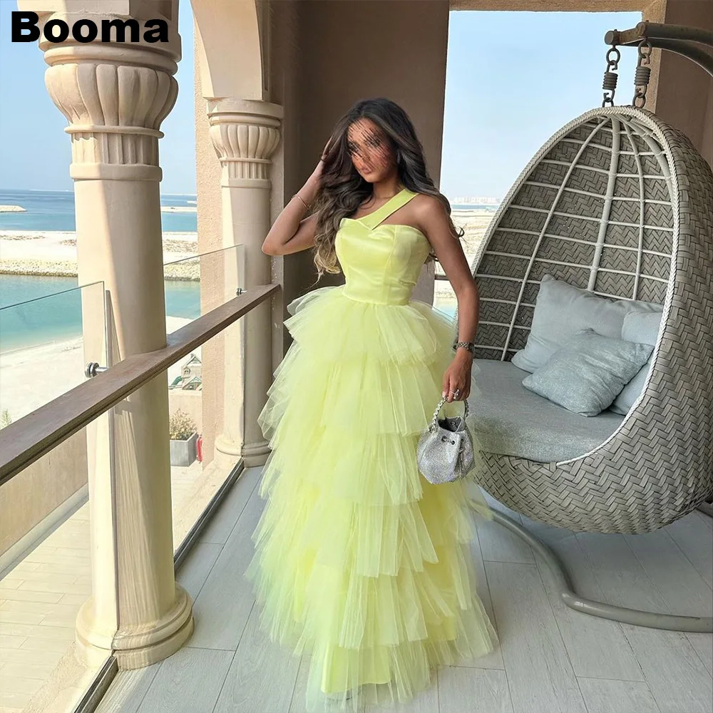 

Booma Yellow A-Line Prom Dresses One Shoulder Stain Tiered Tulle Formal Evening Gowns for Women Floor Length Homecoming Dress