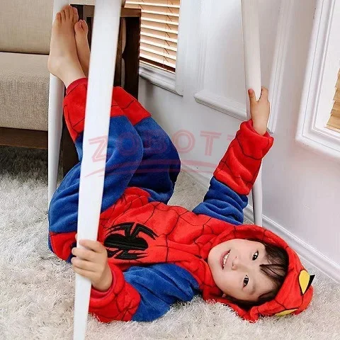 Pijama de Spiderman para niños y adultos, ropa de dormir con capucha, camisón de una pieza de franela, Mono