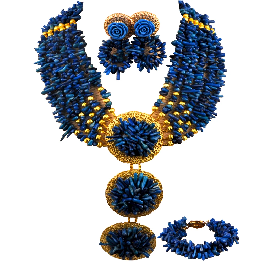 African Necklace Dark Blue Nigerian Wedding Coral Jewelry Set for Women