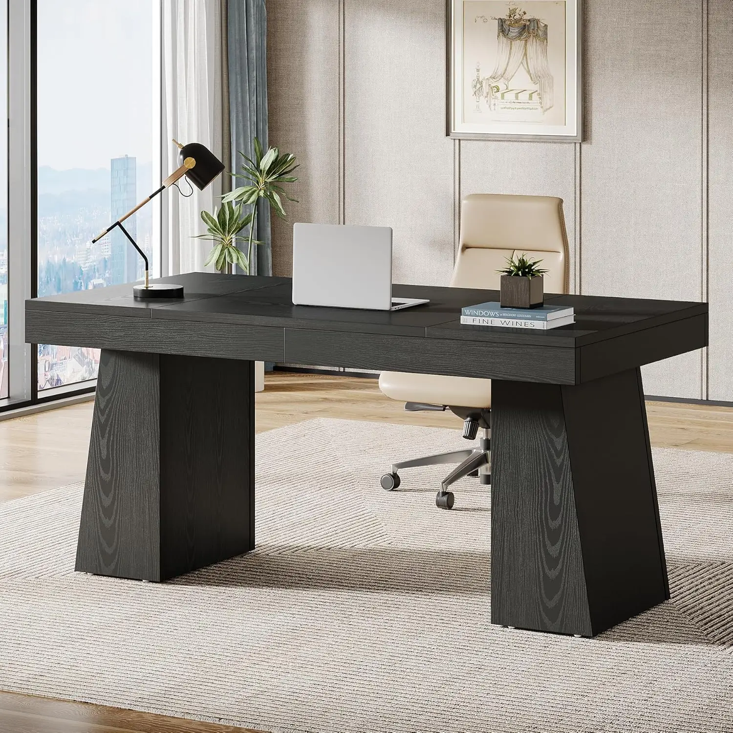 55 Inches Executive Desk, Mid-Century Modern Home Office Desk with Double Trapezoid Base, Wood Computer Desk Business