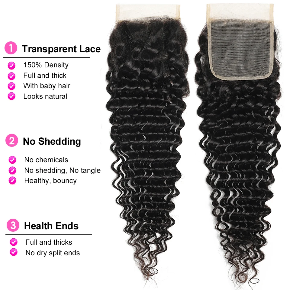 12A Malaysian Deep Wave Hair Bundles With Closure Virgin Deep Curly Bundles With 4X4 HD Transparent Lace Closure Remy Human Hair