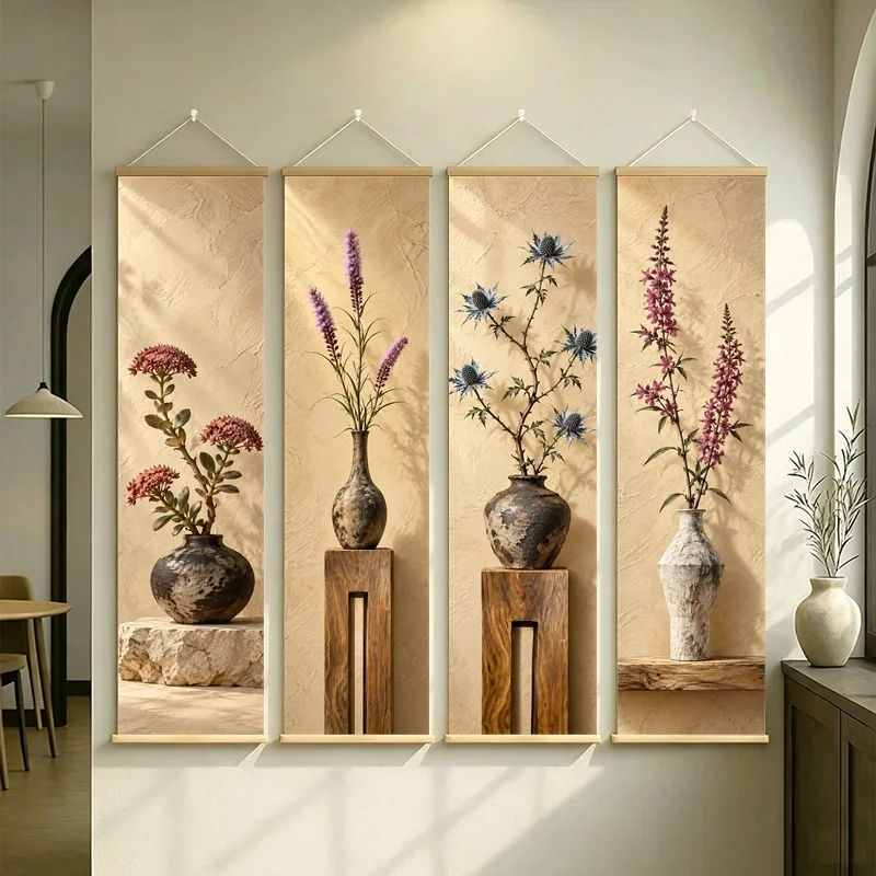 Wall Art Sea Holly and Sedum, Natural Wabi-Sabi Botanical Silver Shimmer Canvas Hanging Scroll for Yoga Studio Home Decor