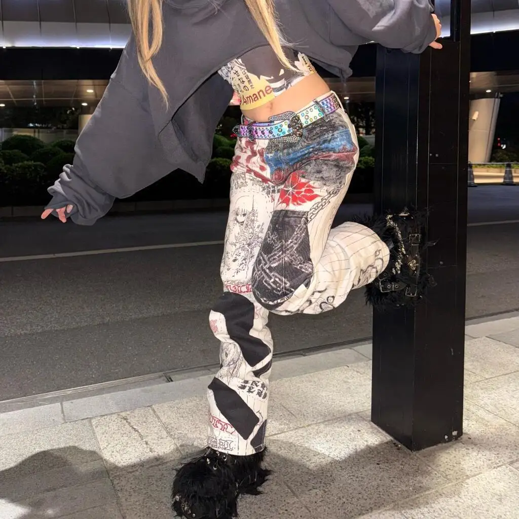 

Осень 202, винтажные джинсы-карго Y2k с принтом граффити, женские мешковатые джинсовые брюки в американском стиле ретро в стиле Харадзюку, японские брюки 2000-х годов