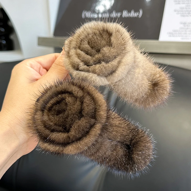 

Заколка для волос с цветком из натурального меха норки, заколка для волос большого размера, заколки для женщин и девочек, хвост, темпераментные зажимы, пушистые аксессуары для волос