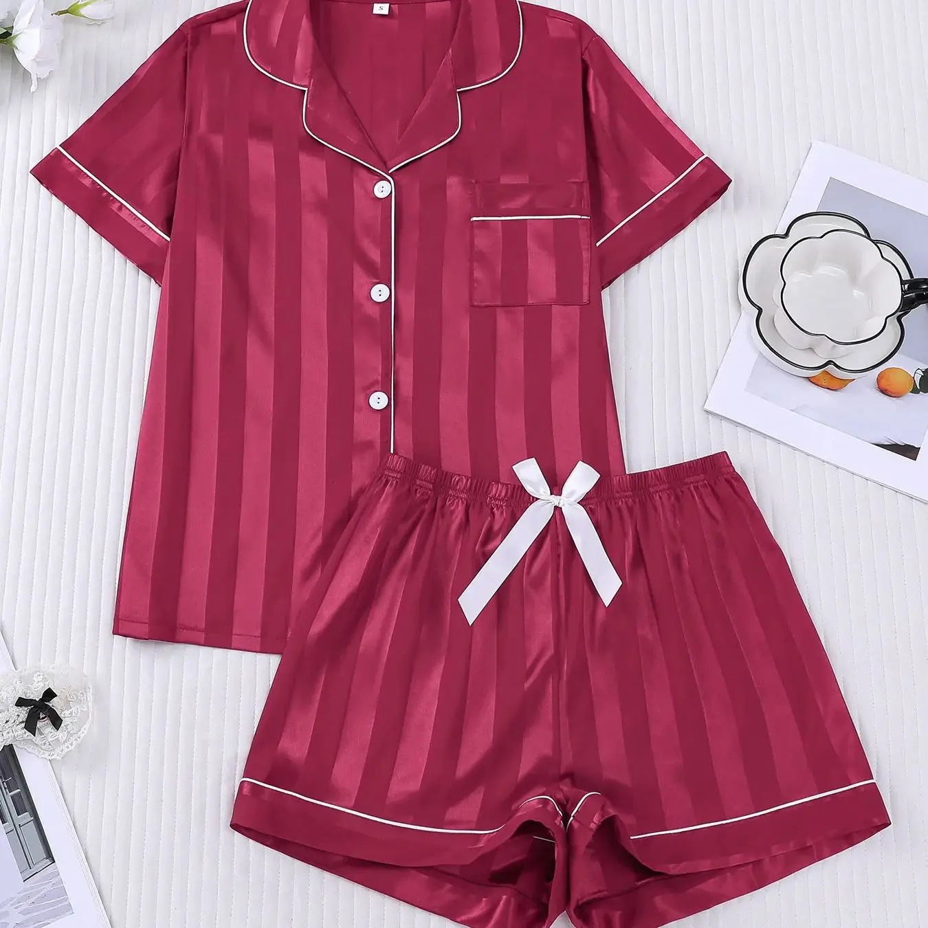 Wine Red Striped Ice Silk Women's Pajamas Set, Short Sleevd Cardigan Shorts, Home Wear, Breathable and Can Be Worn Outside