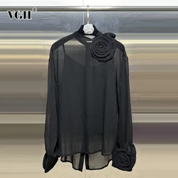 VGH Solid Spliced Appliques Elegant Blouses For Women Stand Collar Long Sleeve Loose Temperament Shirts Female Fashion Style New