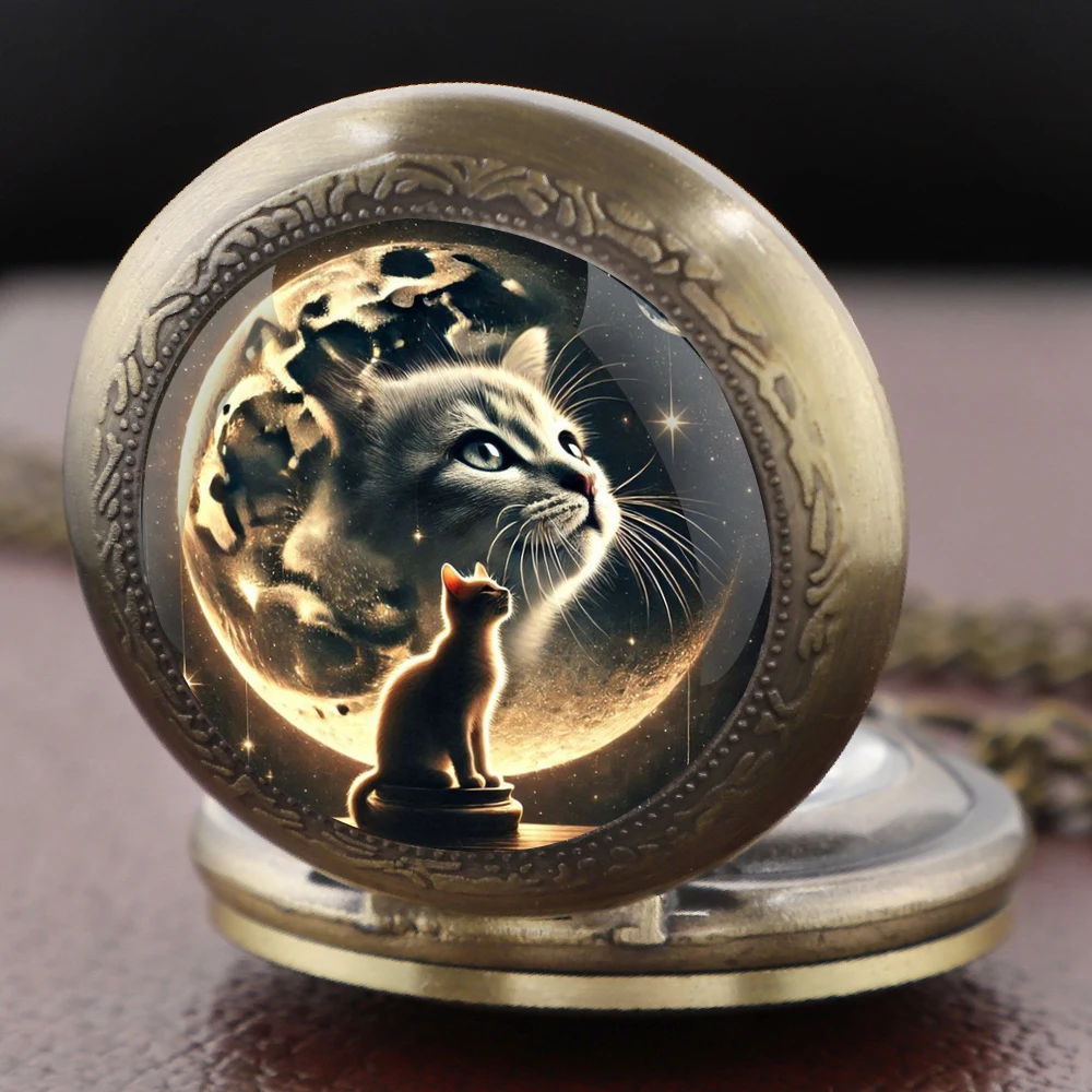 لطيف القط البرونزية ساعة جيب كوارتز سلسلة العربية خمر التبعي الفتيات قلادة قلادة ساعة الأولاد ساعة هدية #1