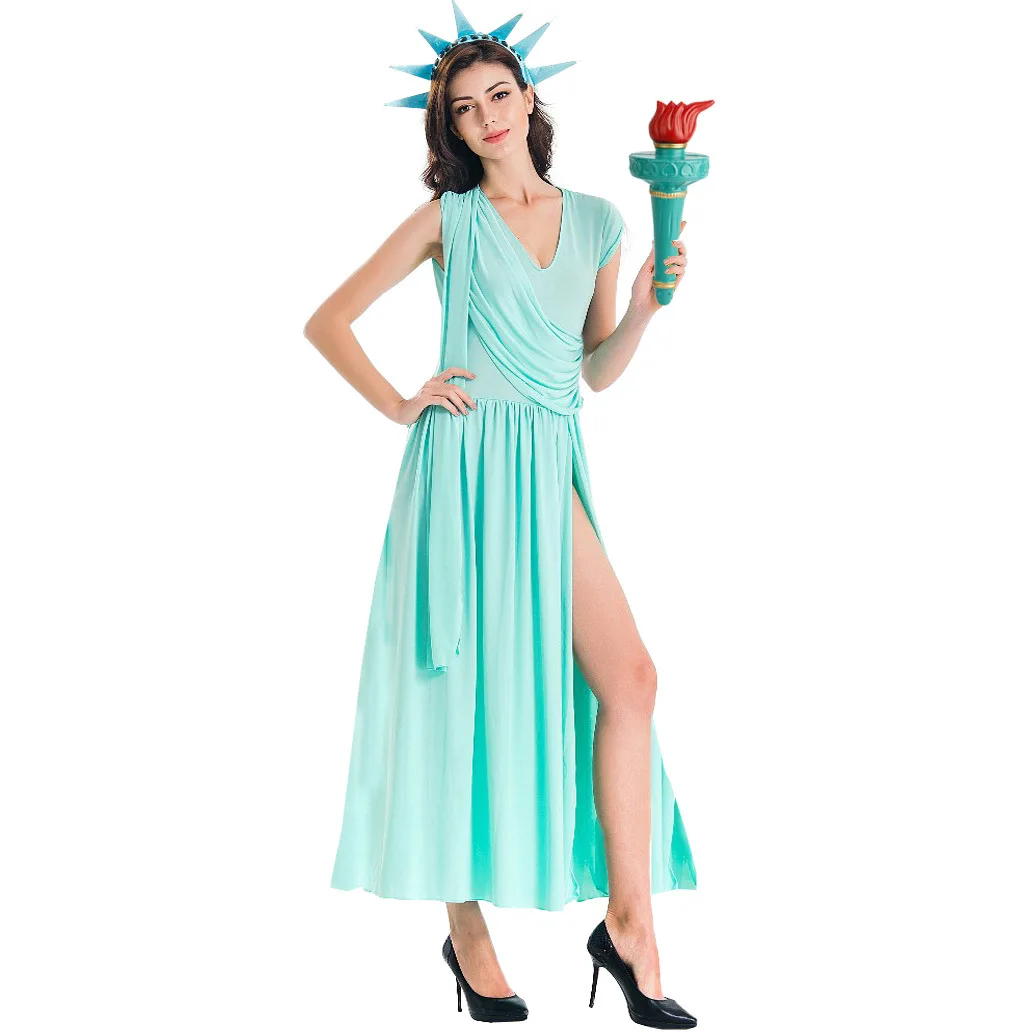 

Adult Woman Halloween Cosplay Costume Statue of Liberty Split Long Dress Headpiece Theme Party Role Playing Suit