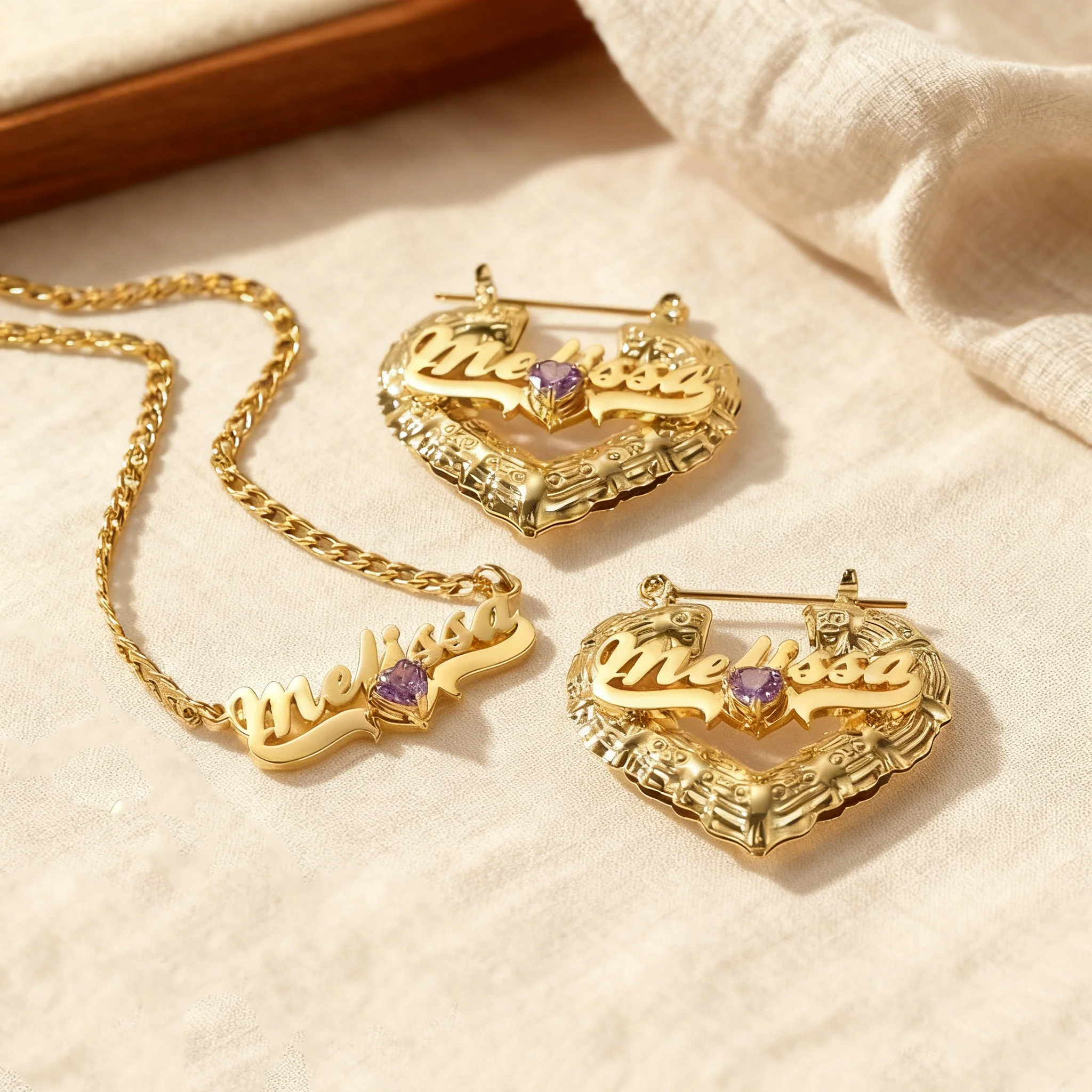 

Personalized Name Jewelry Set - Gold Plated Zircon Custom Name Necklace & Heart Engraved Earrings, Trendy Women's Gift for Birth