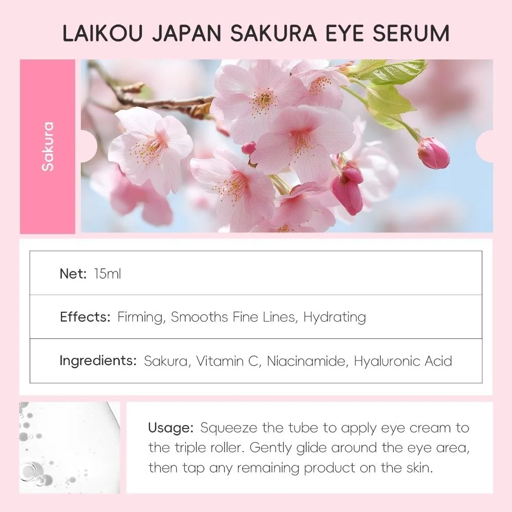 15ml Moisturizing Sakura Roller Eye Serum Eye Care Reduce Hydrating Hyaluronic Eye Cream Brightening Anti Aging Eye Serum